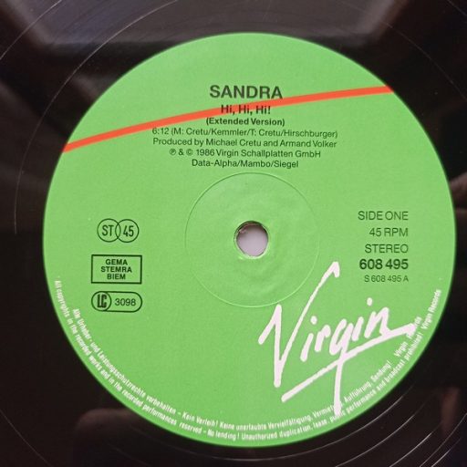 Sandra - Hi! Hi! Hi! 12" (VG/VG+) EUR, 1986, 45rpm.