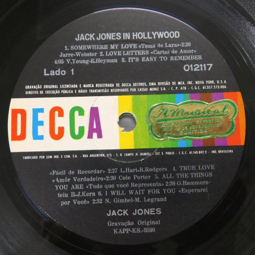 Jack Jones - Jack Jones In Hollywood LP (VG+/VG+) brazil kiadás