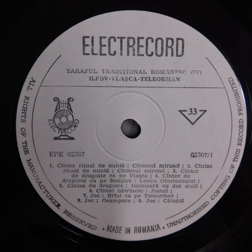 Román népzene - A. The Traditional Folk Music Band: IV. Ilfov - Vlașca - Teleorman LP (NM/EX) 1983, ROM.